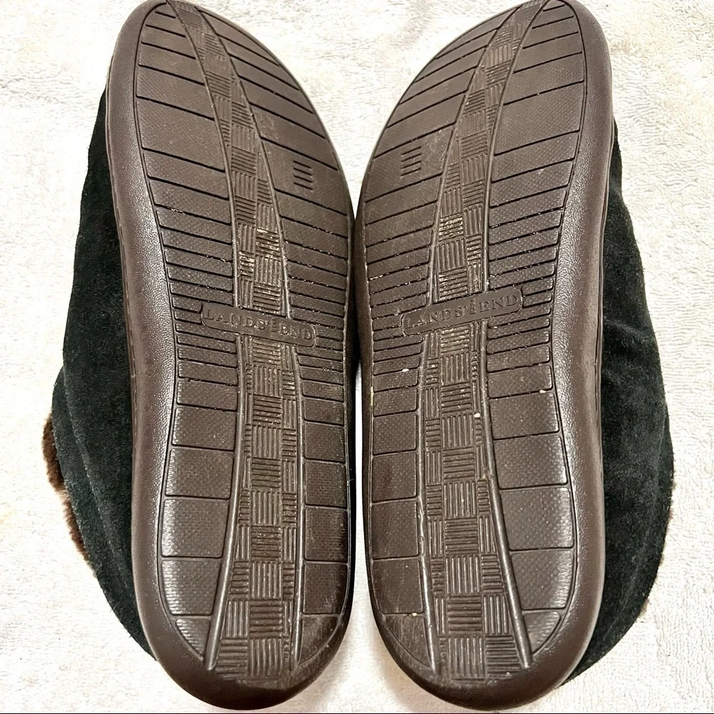 Lands' End Men's Suede Shearling Fur Clog Slippers - Black brown size 9.5